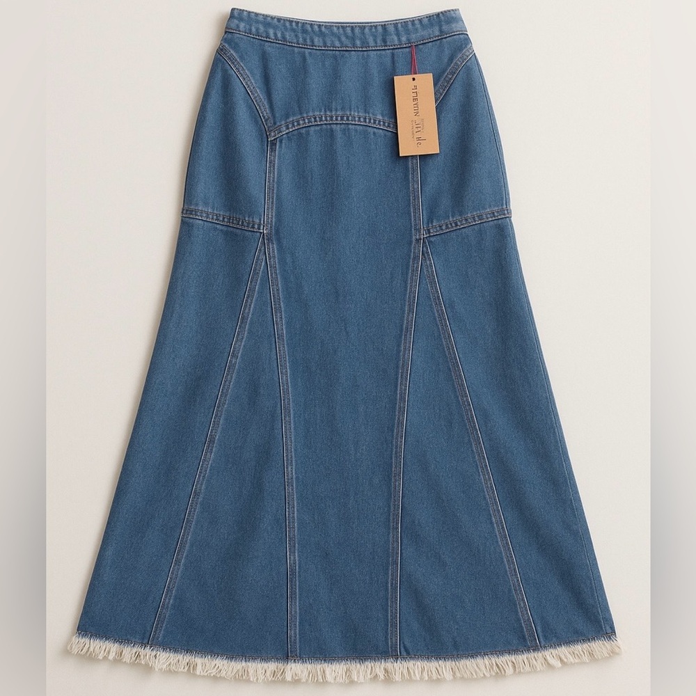 Natural Life Fitted Denim Maxi Skirt Blue Raw Hem Western Cowgirl Boho NWT 6